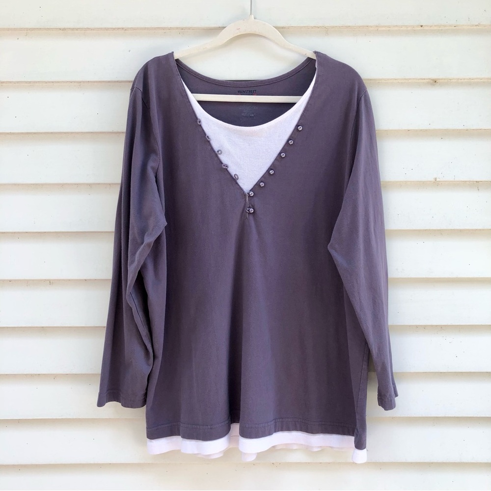 Main Street Blues Purple  V-Neck Long Sleeve Tee Cotton Decorative Buttons 1X